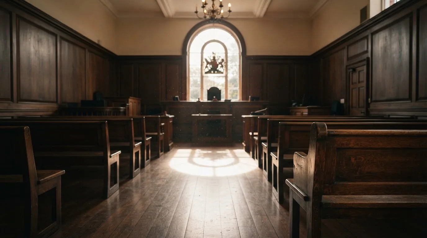 An empty courtroom with wooden benches in morning light