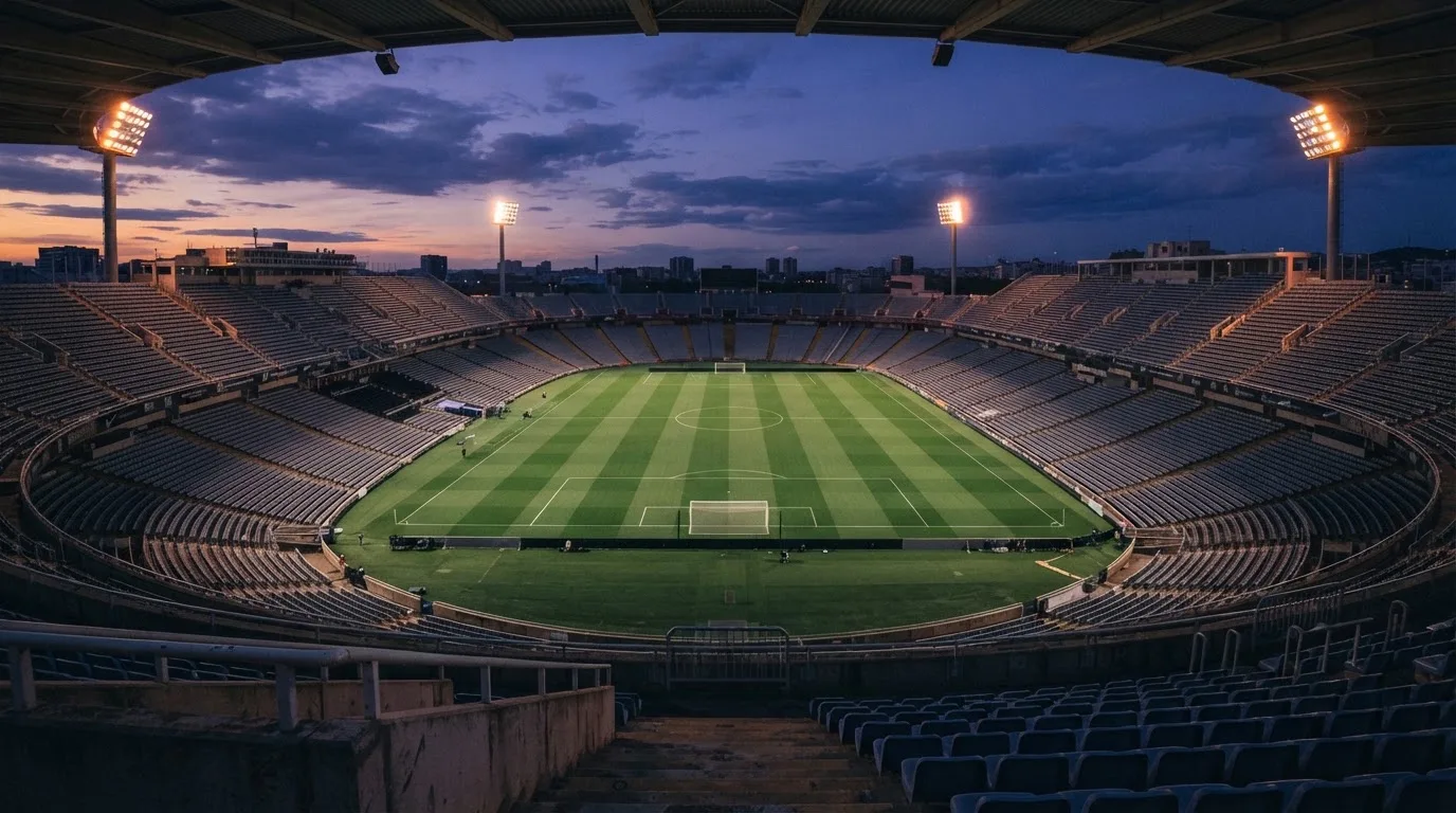 An empty football stadium with floodlight masts at dusk