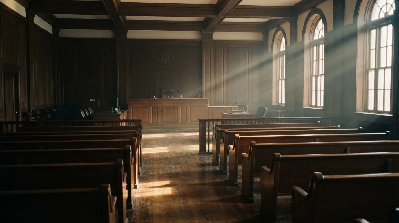 An empty courtroom with wooden benches in morning light