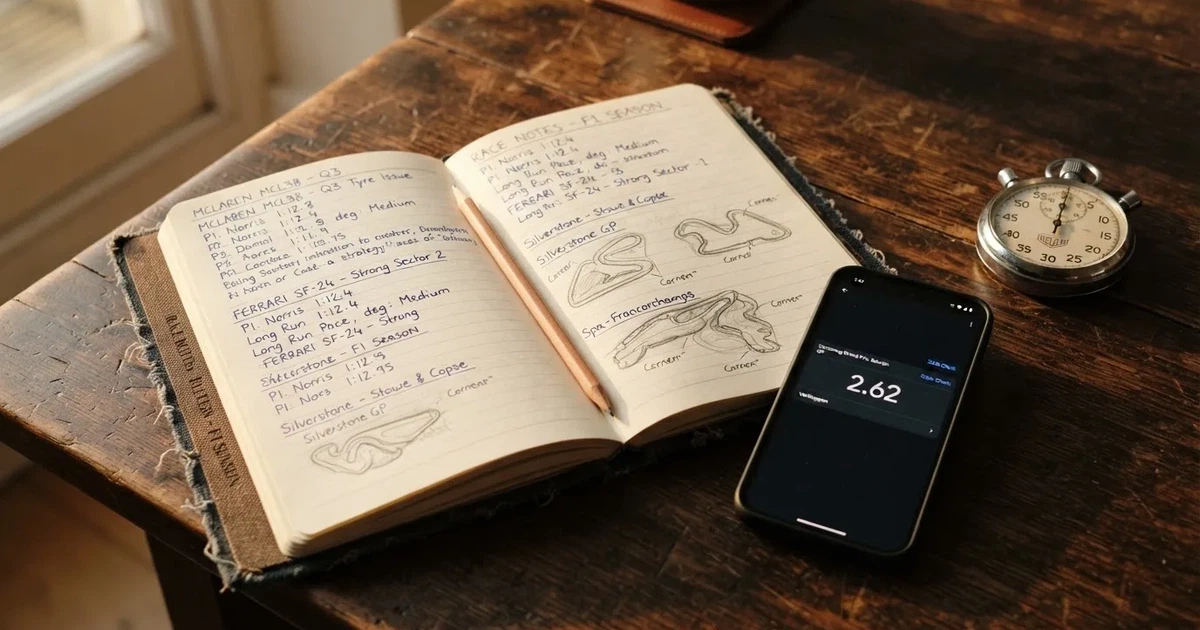 An open notebook with a pencil and a stopwatch on a wooden table
