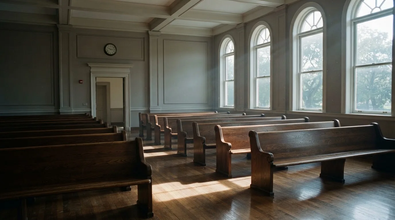 An empty courtroom with wooden benches in morning light