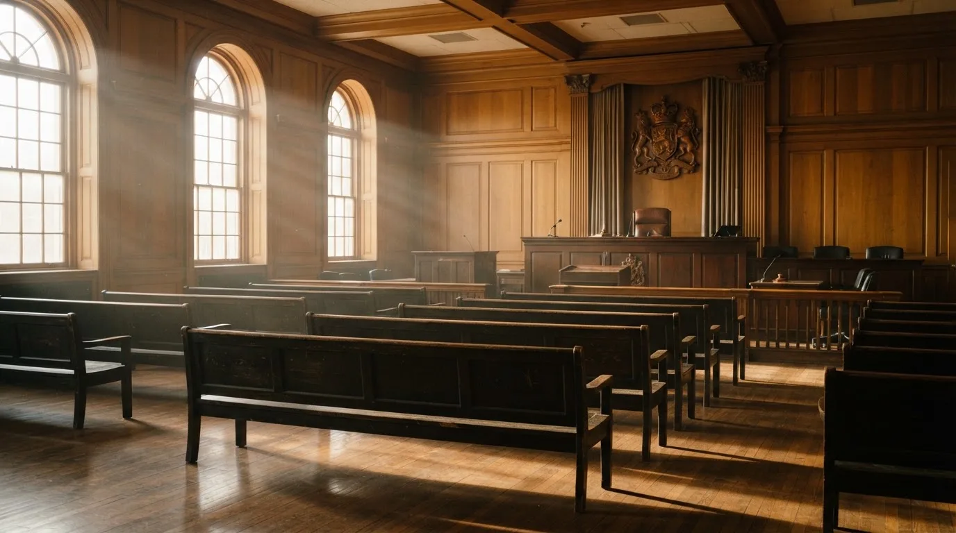 An empty courtroom with wooden benches in morning light