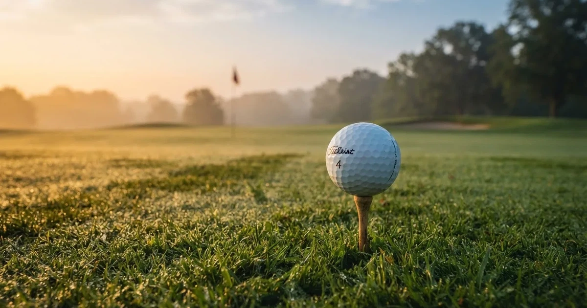 A ball on the centre spot of a grass pitch in morning light