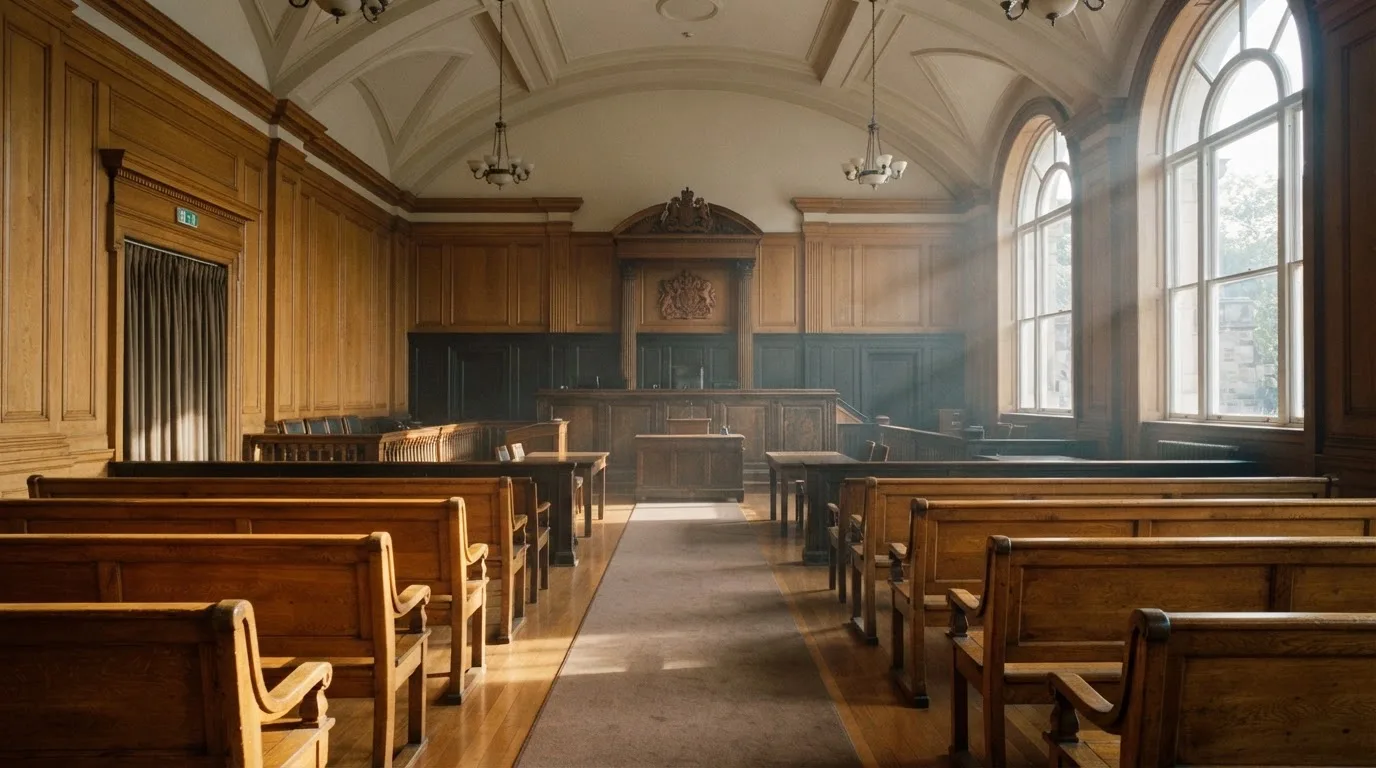 An empty courtroom with wooden benches in morning light