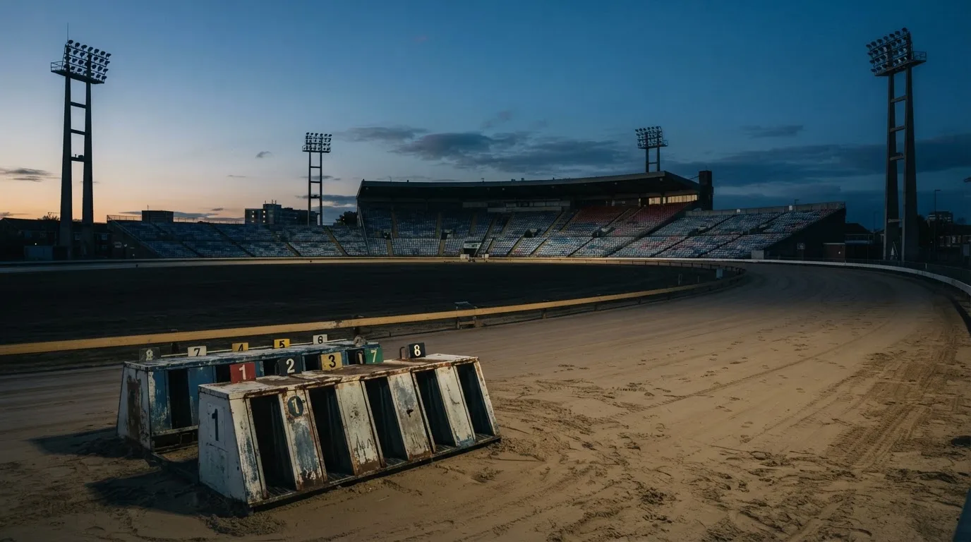 An empty football stadium with floodlight masts at dusk