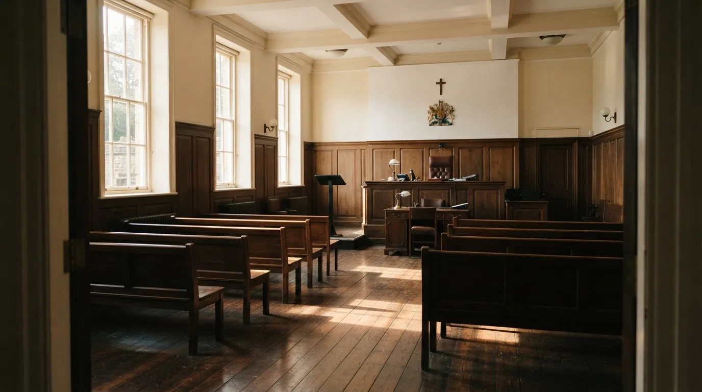 An empty courtroom with wooden benches in morning light