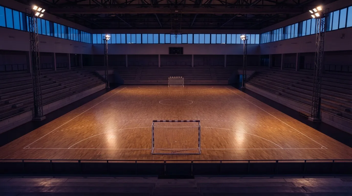 An empty football stadium with floodlight masts at dusk
