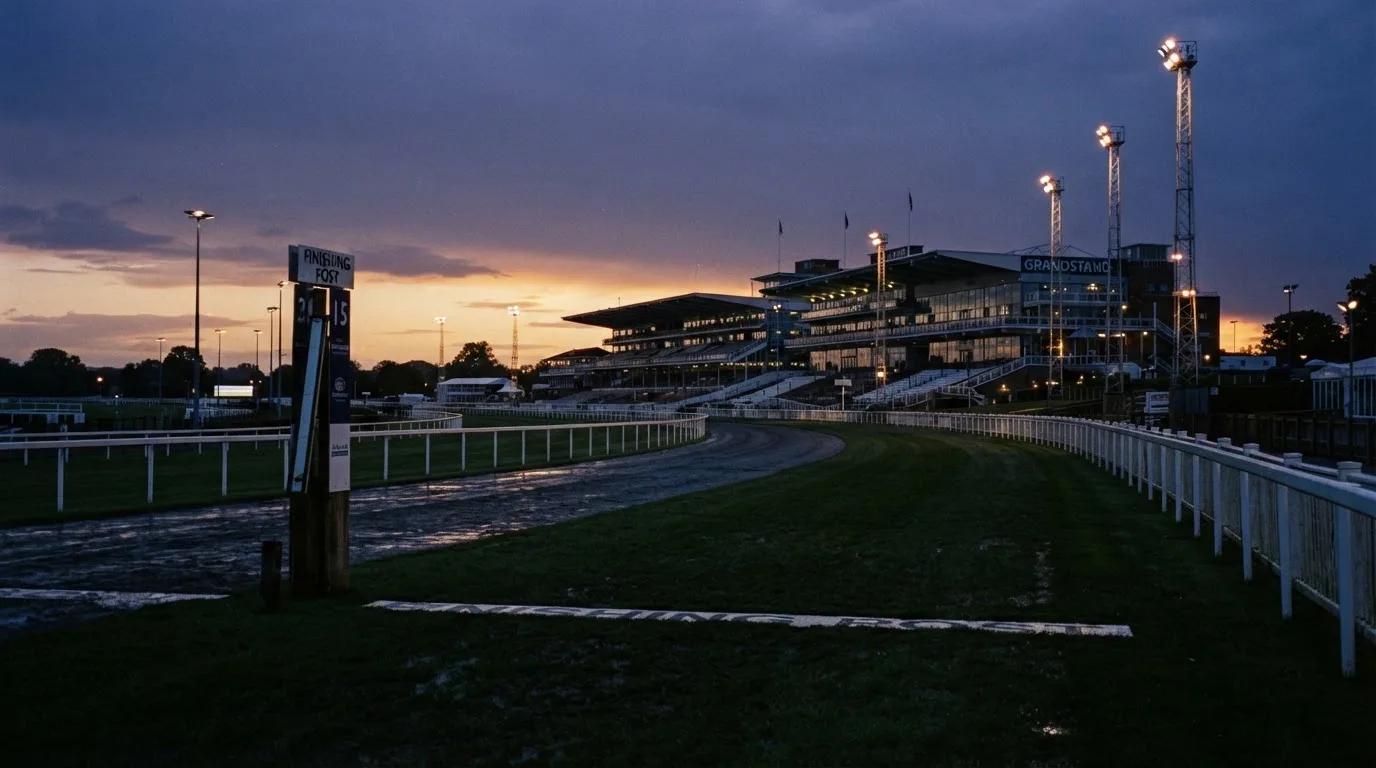 An empty football stadium with floodlight masts at dusk