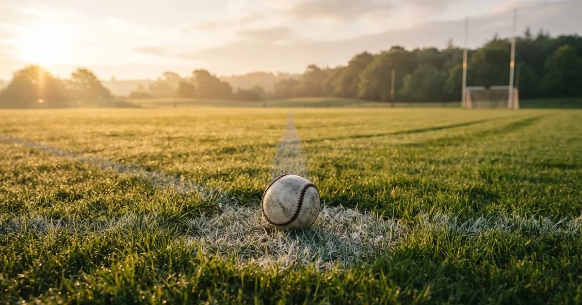 A ball on the centre spot of a grass pitch in morning light