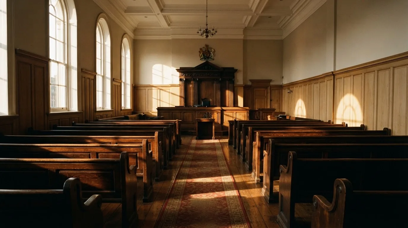 An empty courtroom with wooden benches in morning light