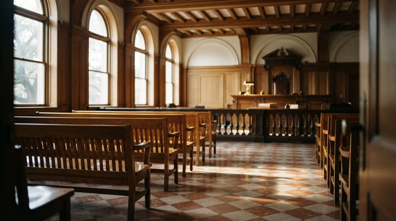 An empty courtroom with wooden benches in morning light