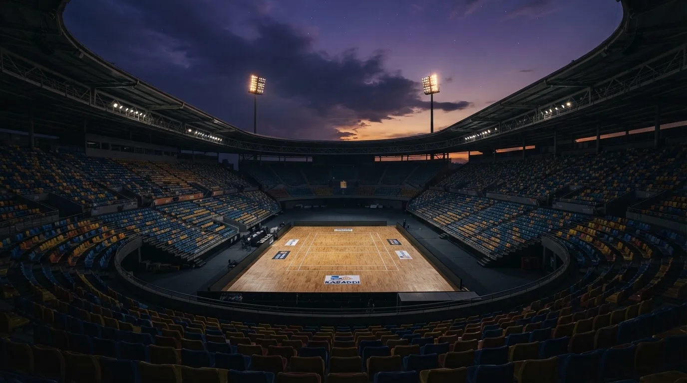 An empty football stadium with floodlight masts at dusk