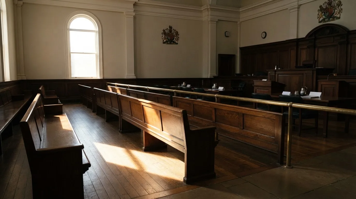 An empty courtroom with wooden benches in morning light