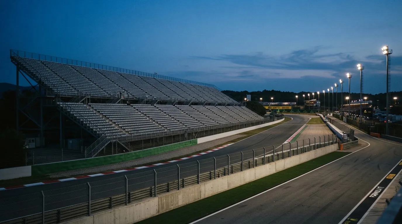 An empty football stadium with floodlight masts at dusk