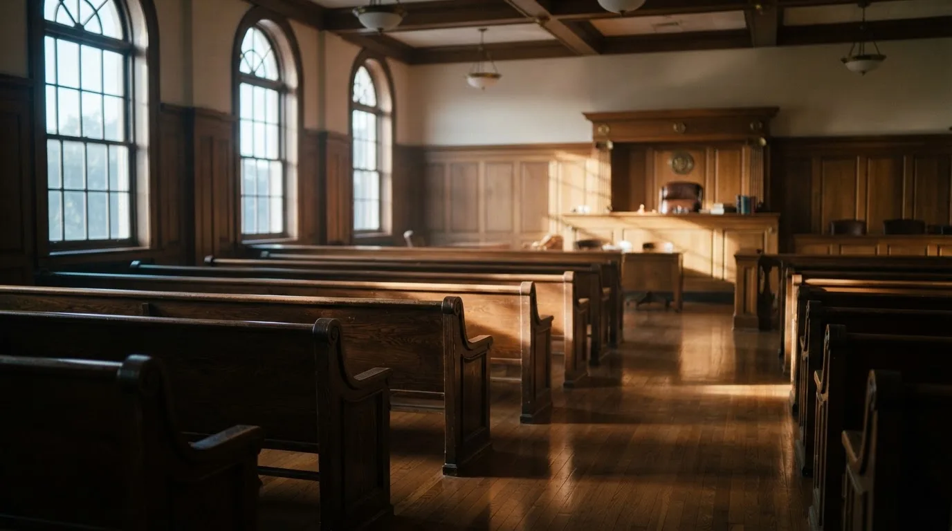 An empty courtroom with wooden benches in morning light