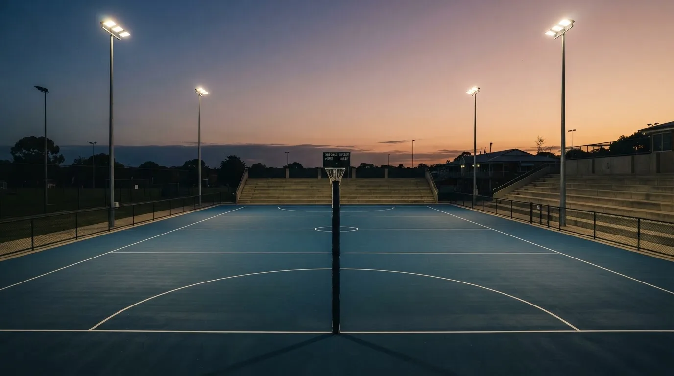 An empty football stadium with floodlight masts at dusk