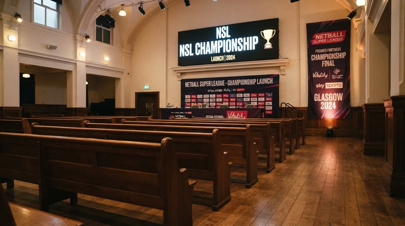 An empty courtroom with wooden benches in morning light