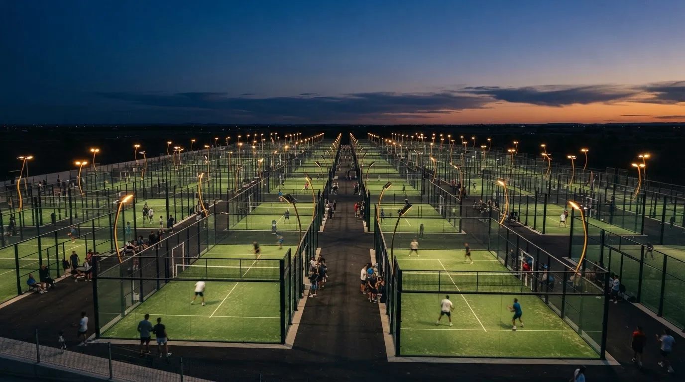 An empty football stadium with floodlight masts at dusk