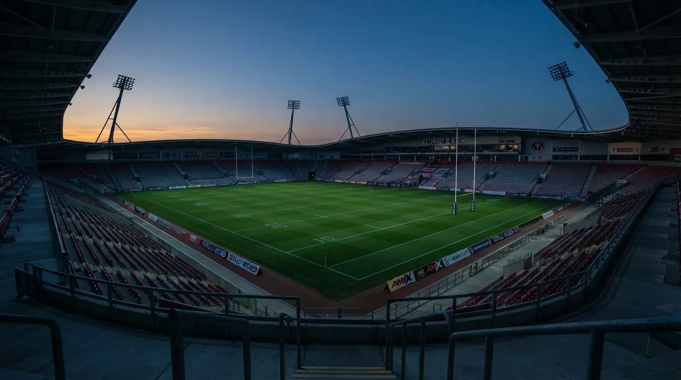 An empty football stadium with floodlight masts at dusk