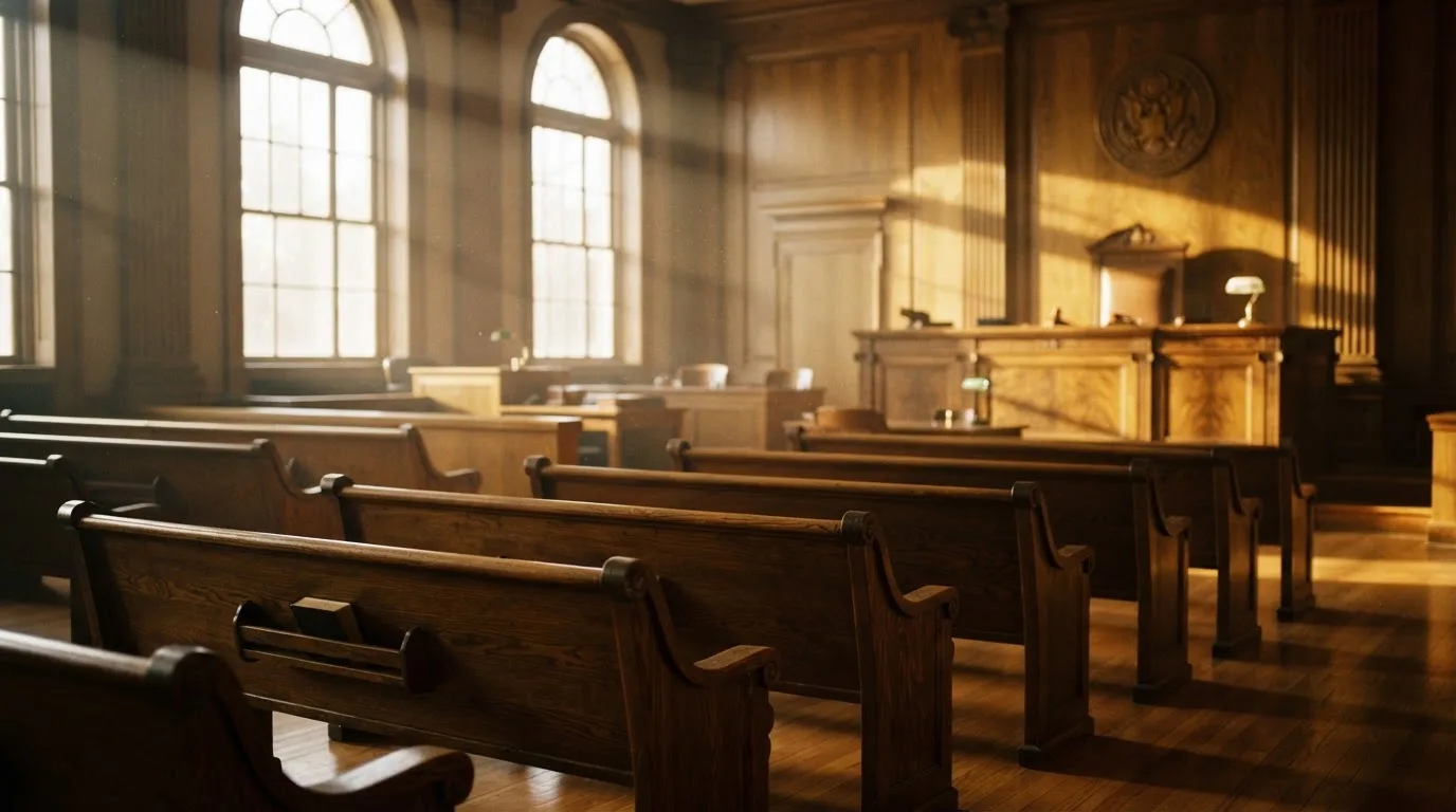 An empty courtroom with wooden benches in morning light
