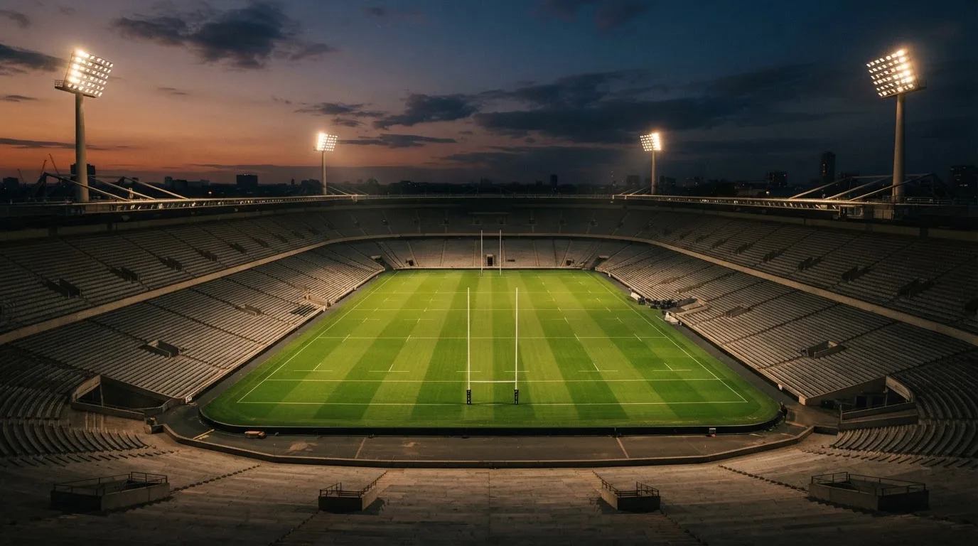 An empty football stadium with floodlight masts at dusk