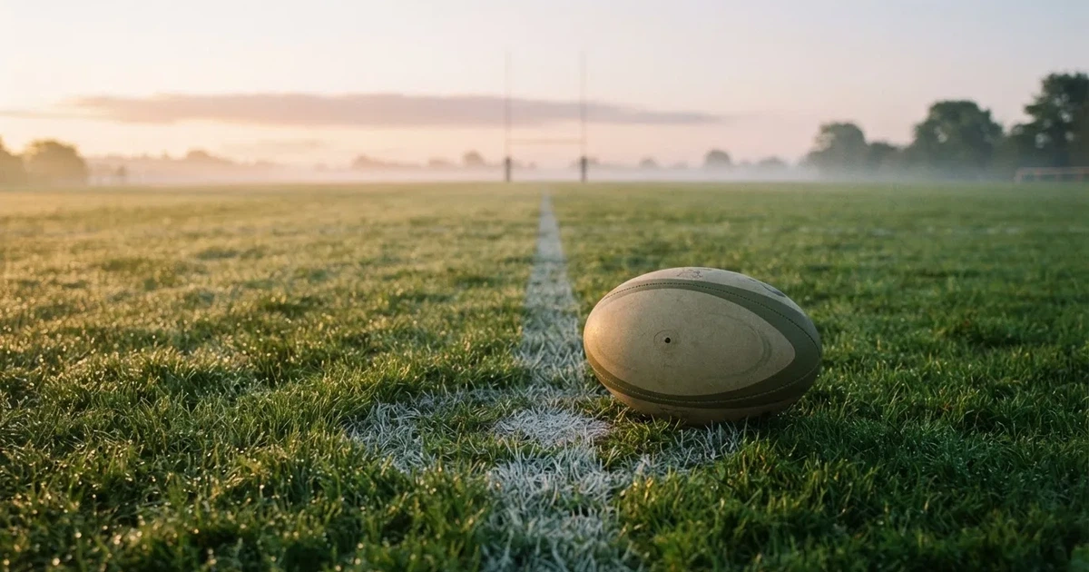 A ball on the centre spot of a grass pitch in morning light