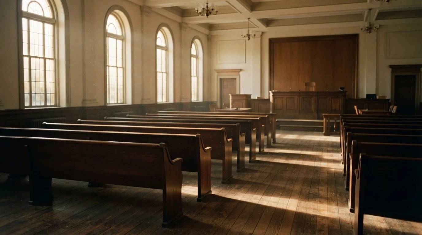 An empty courtroom with wooden benches in morning light