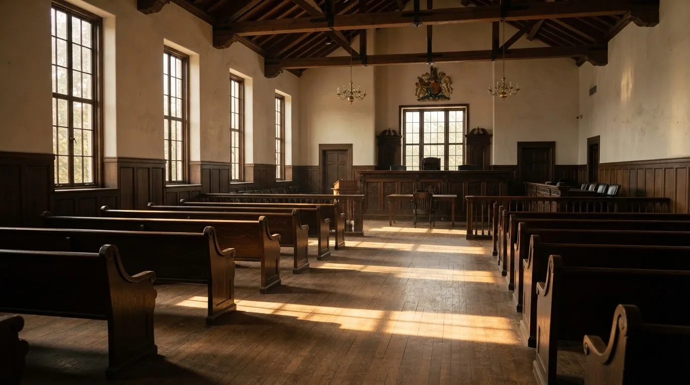 An empty courtroom with wooden benches in morning light