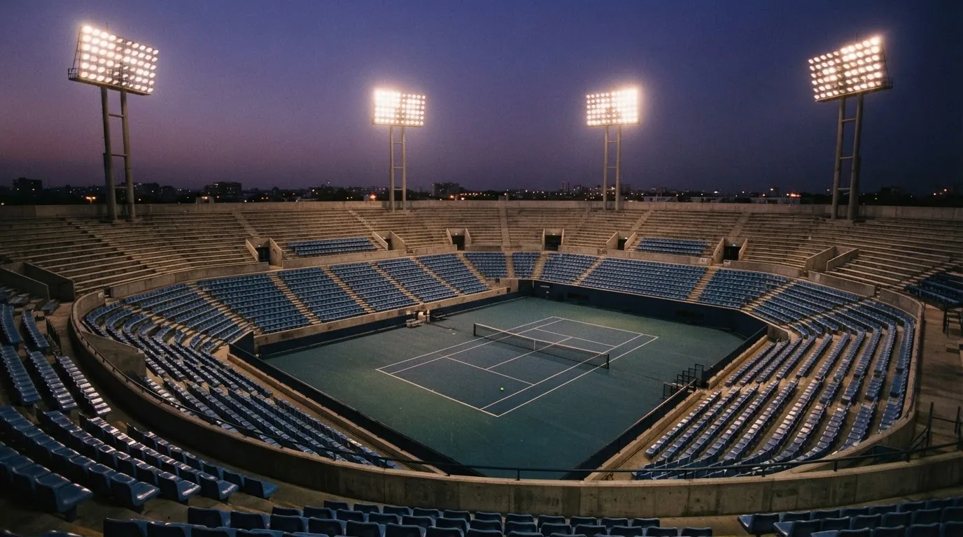 An empty football stadium with floodlight masts at dusk