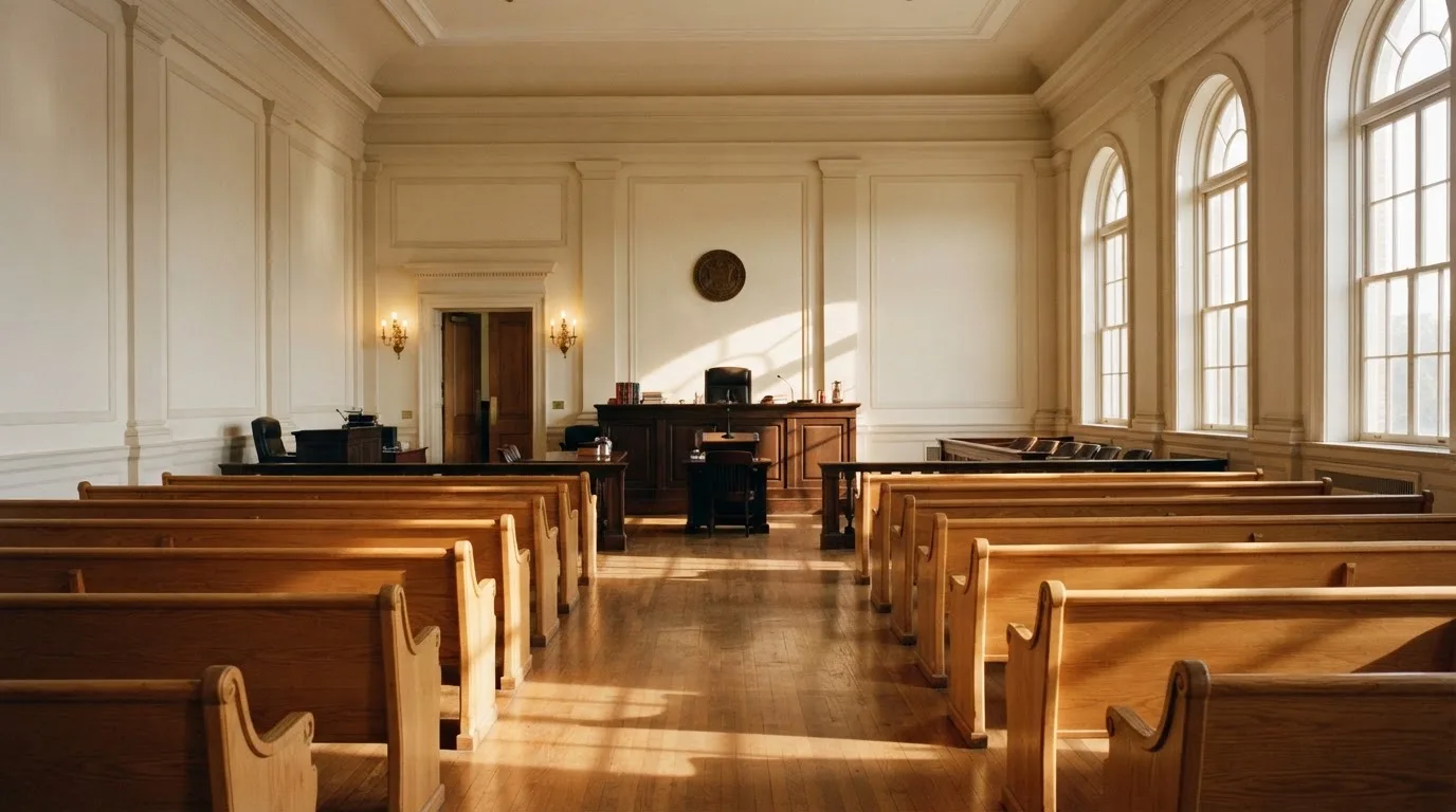 An empty courtroom with wooden benches in morning light