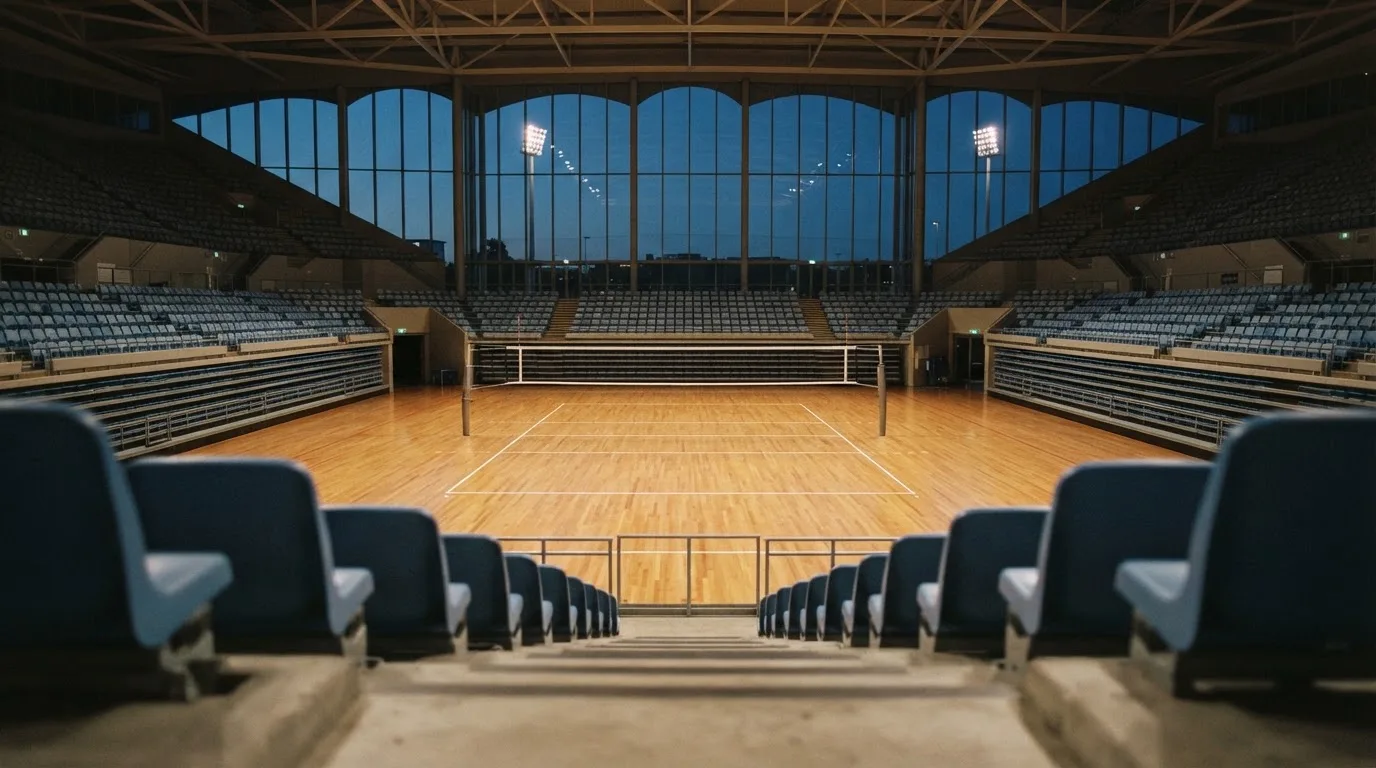 An empty football stadium with floodlight masts at dusk