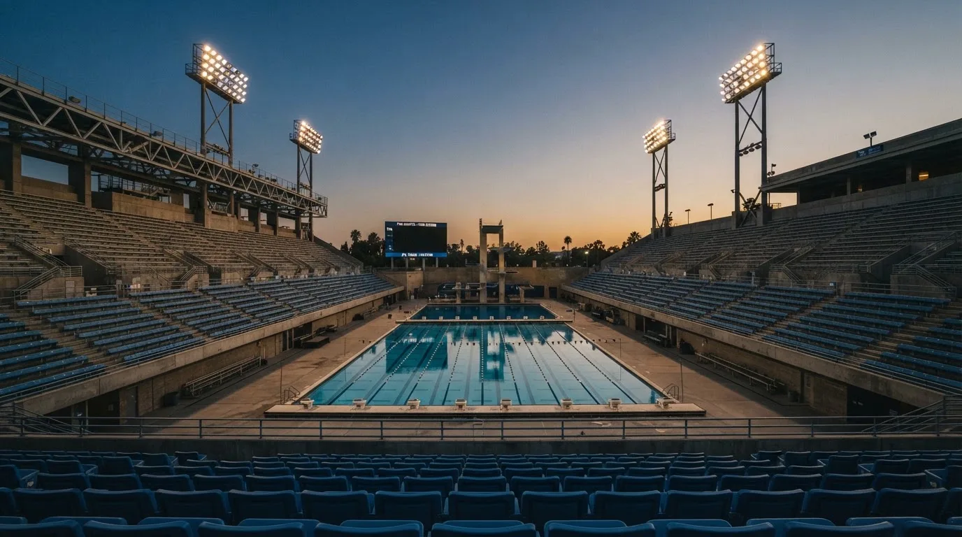 An empty football stadium with floodlight masts at dusk