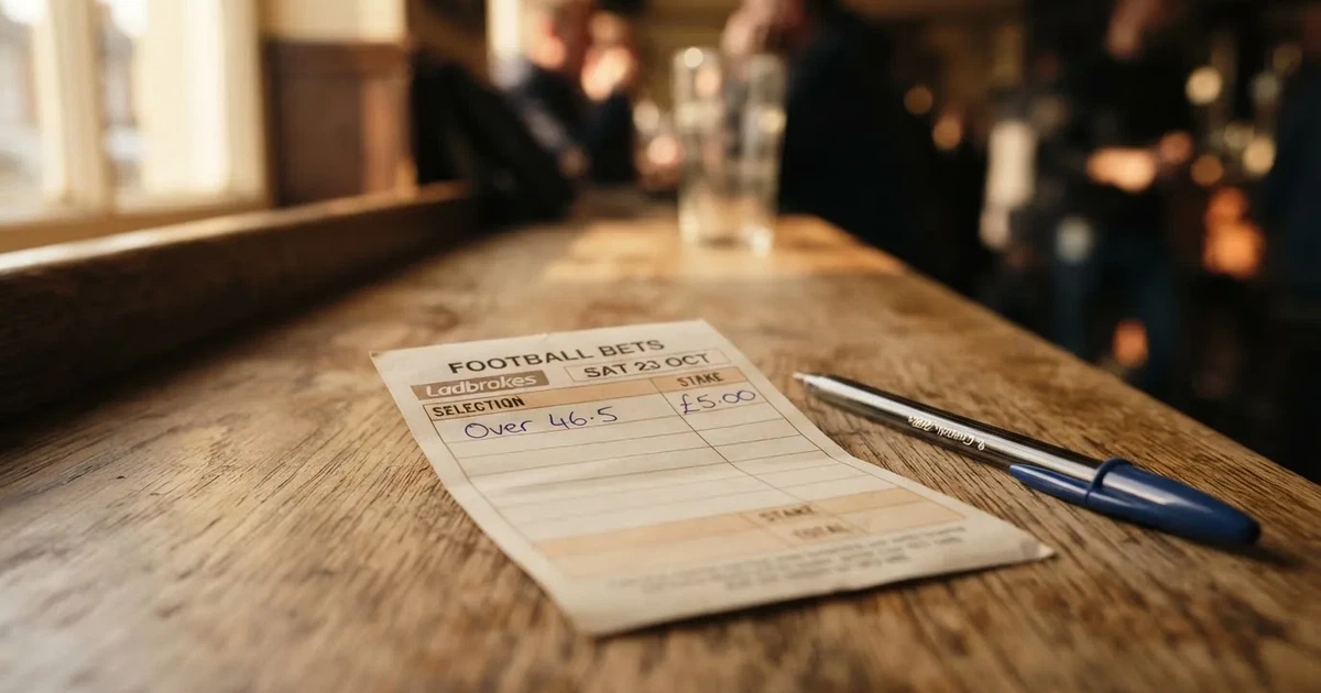 A blank paper betting slip beside a pen on a wooden counter