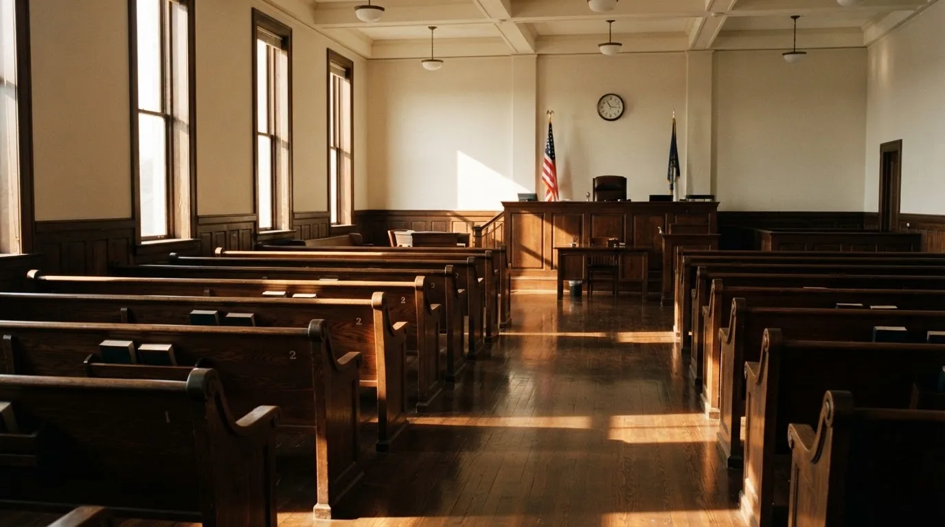 An empty courtroom with wooden benches in morning light