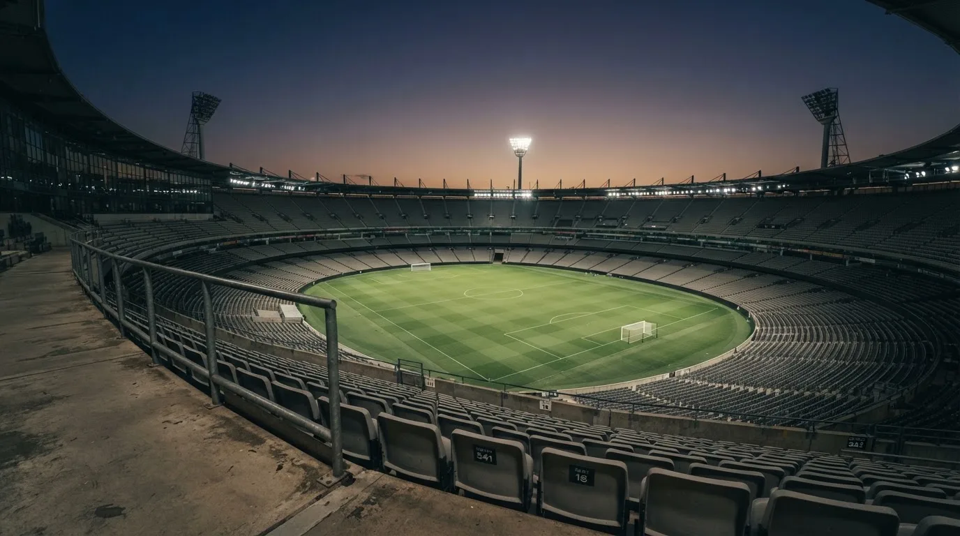 An empty football stadium with floodlight masts at dusk