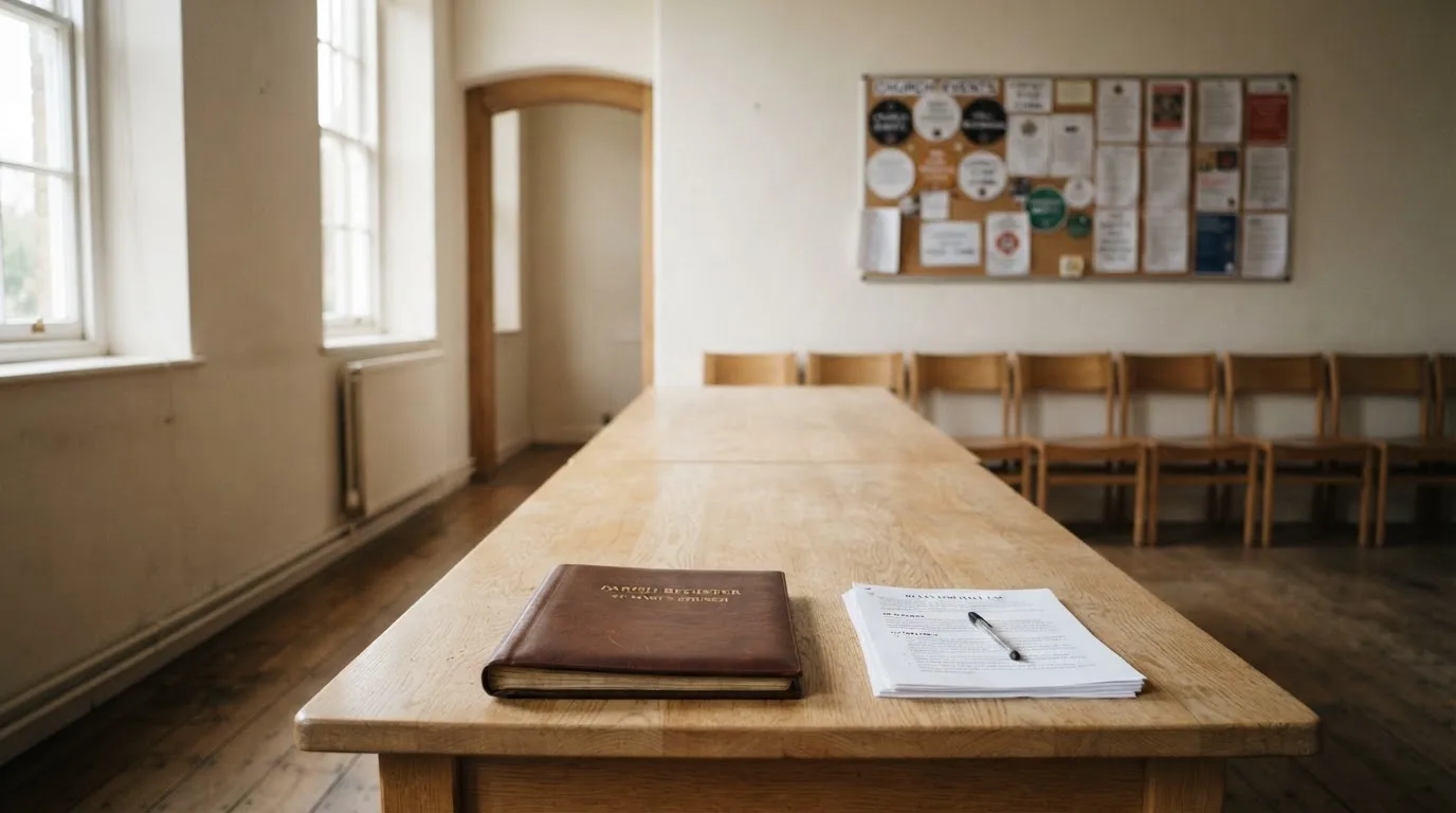 An empty courtroom with wooden benches in morning light