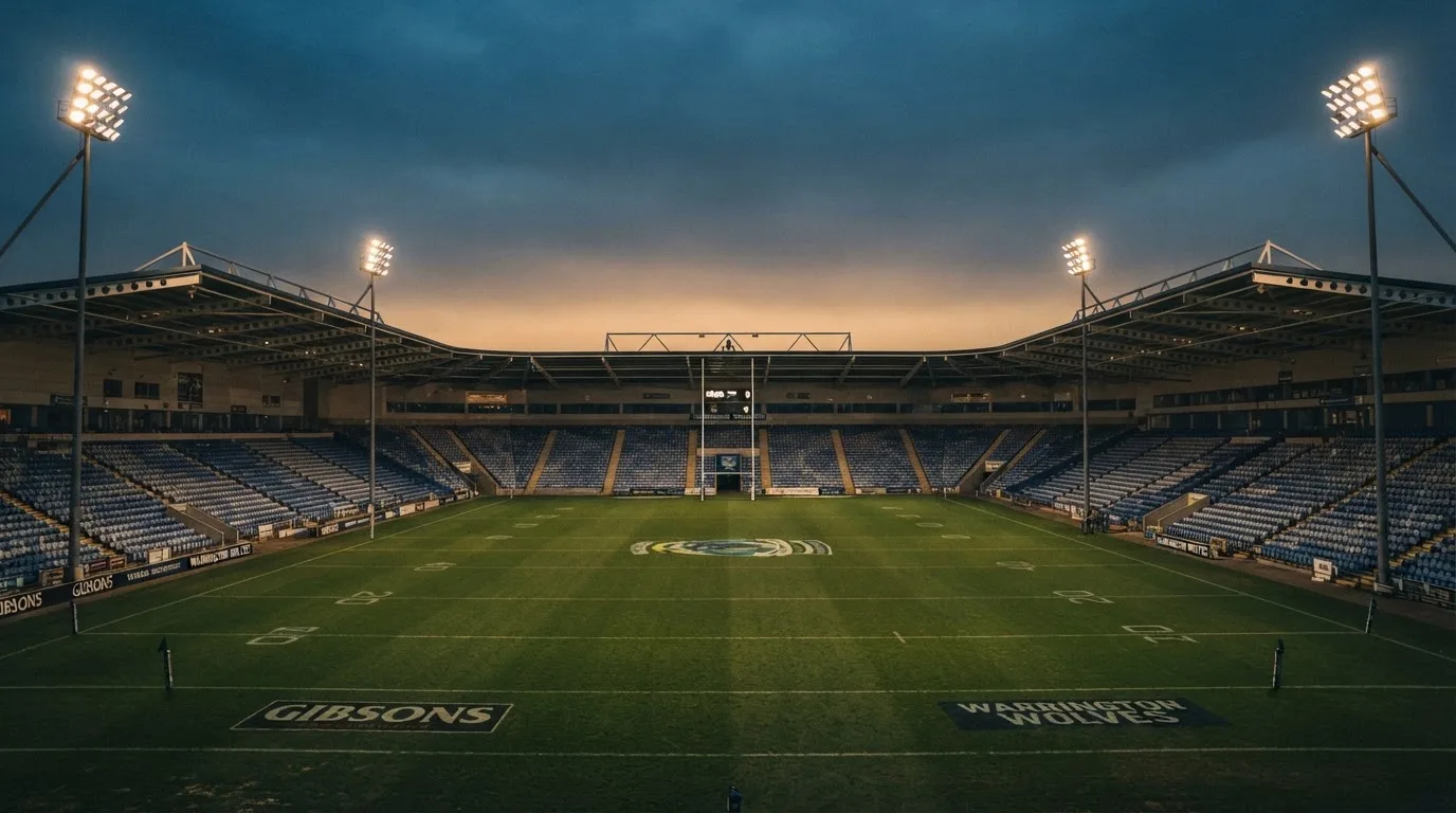 An empty football stadium with floodlight masts at dusk