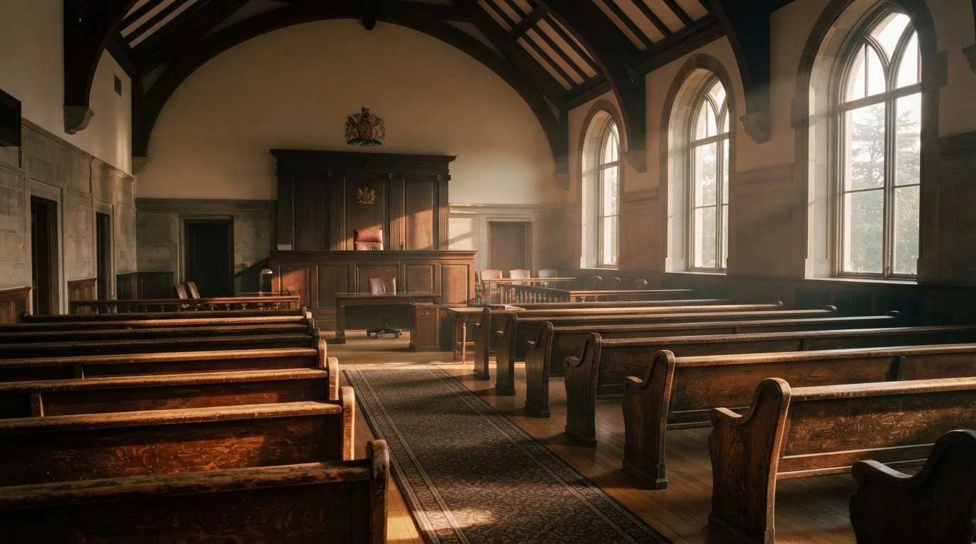 An empty courtroom with wooden benches in morning light