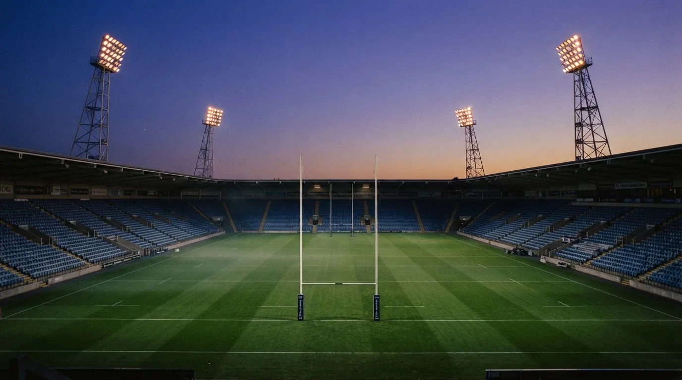 An empty football stadium with floodlight masts at dusk