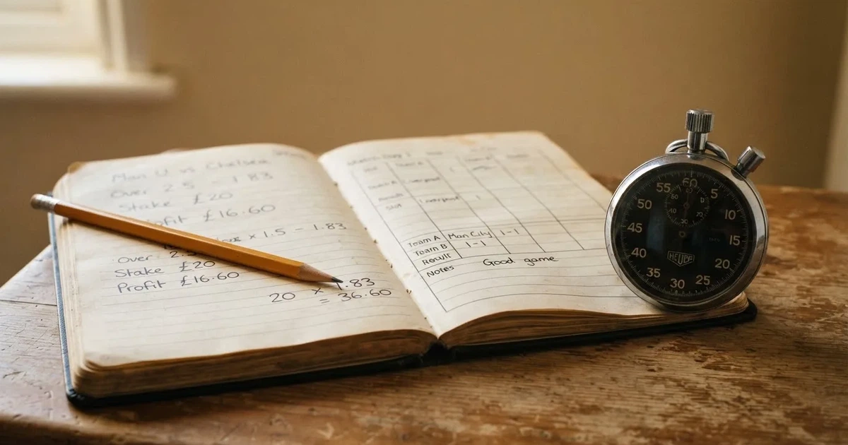 An open notebook with a pencil and a stopwatch on a wooden table