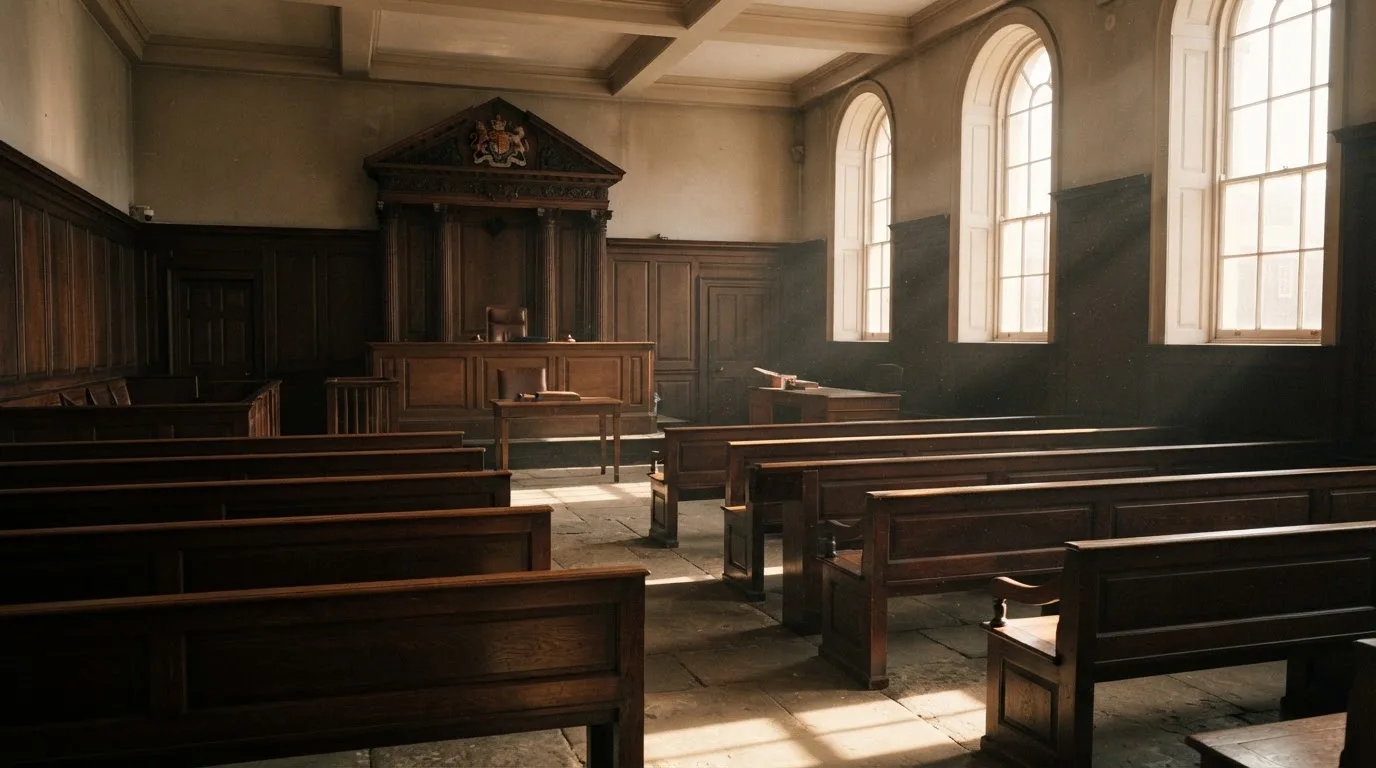 An empty courtroom with wooden benches in morning light