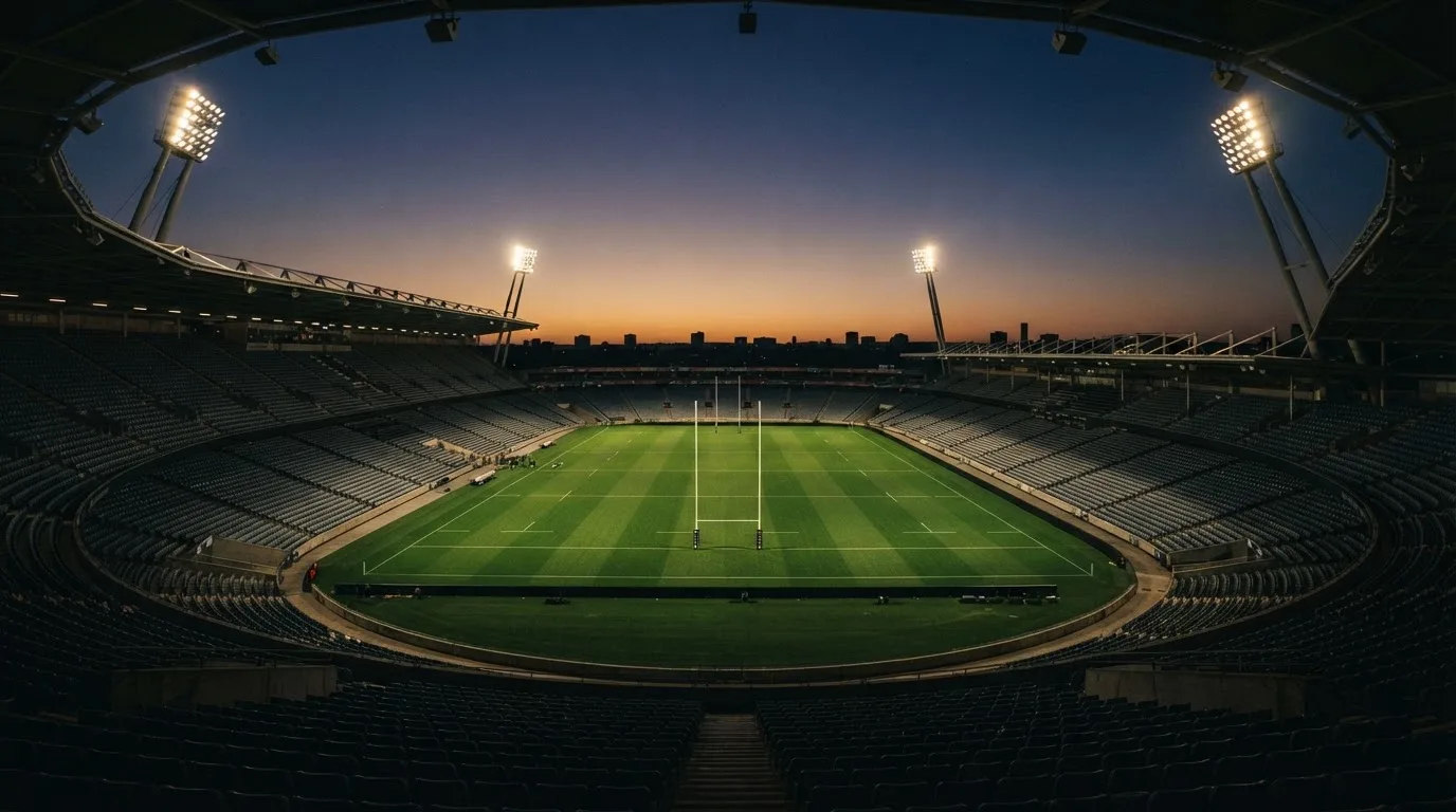 An empty football stadium with floodlight masts at dusk