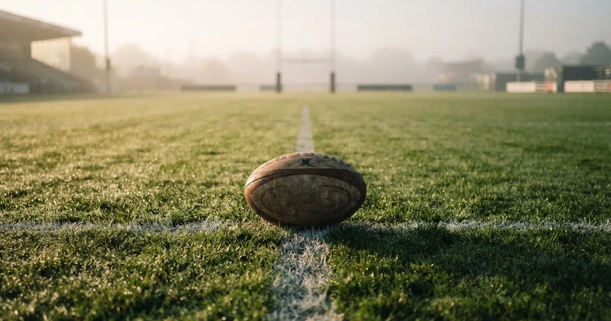 A ball on the centre spot of a grass pitch in morning light