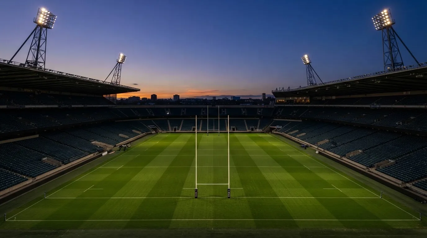 An empty football stadium with floodlight masts at dusk