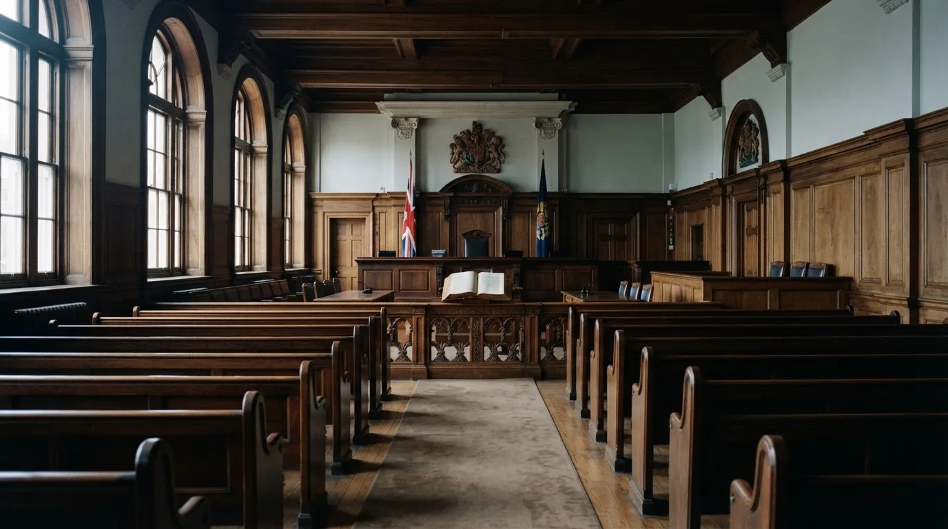 An empty courtroom with wooden benches in morning light