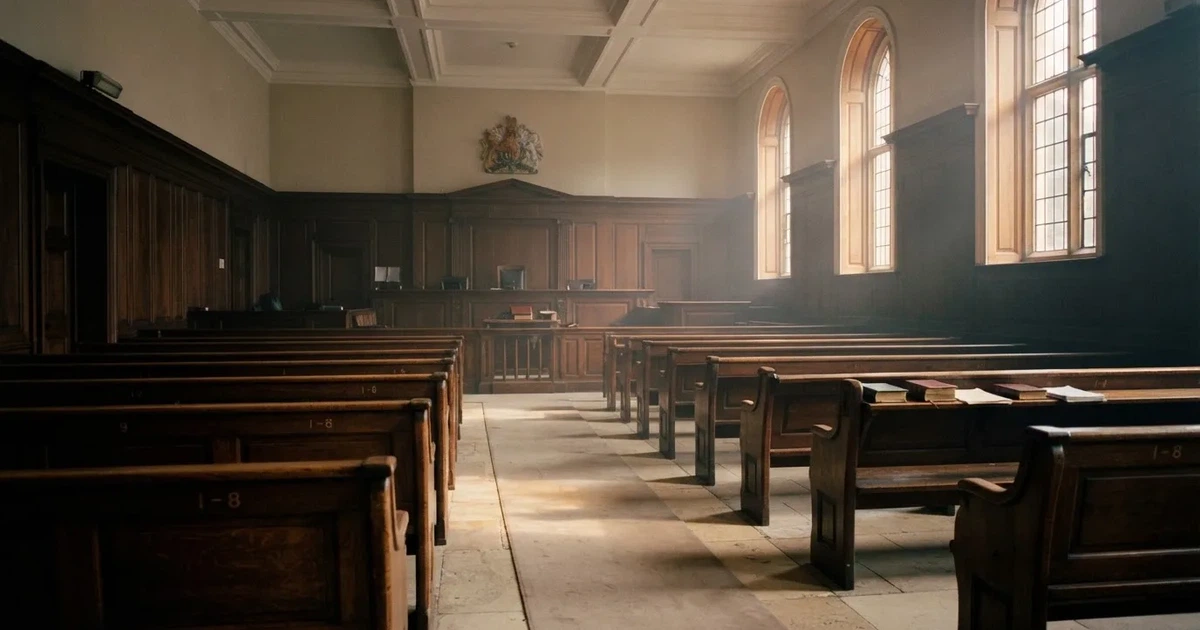 An empty courtroom with wooden benches in morning light