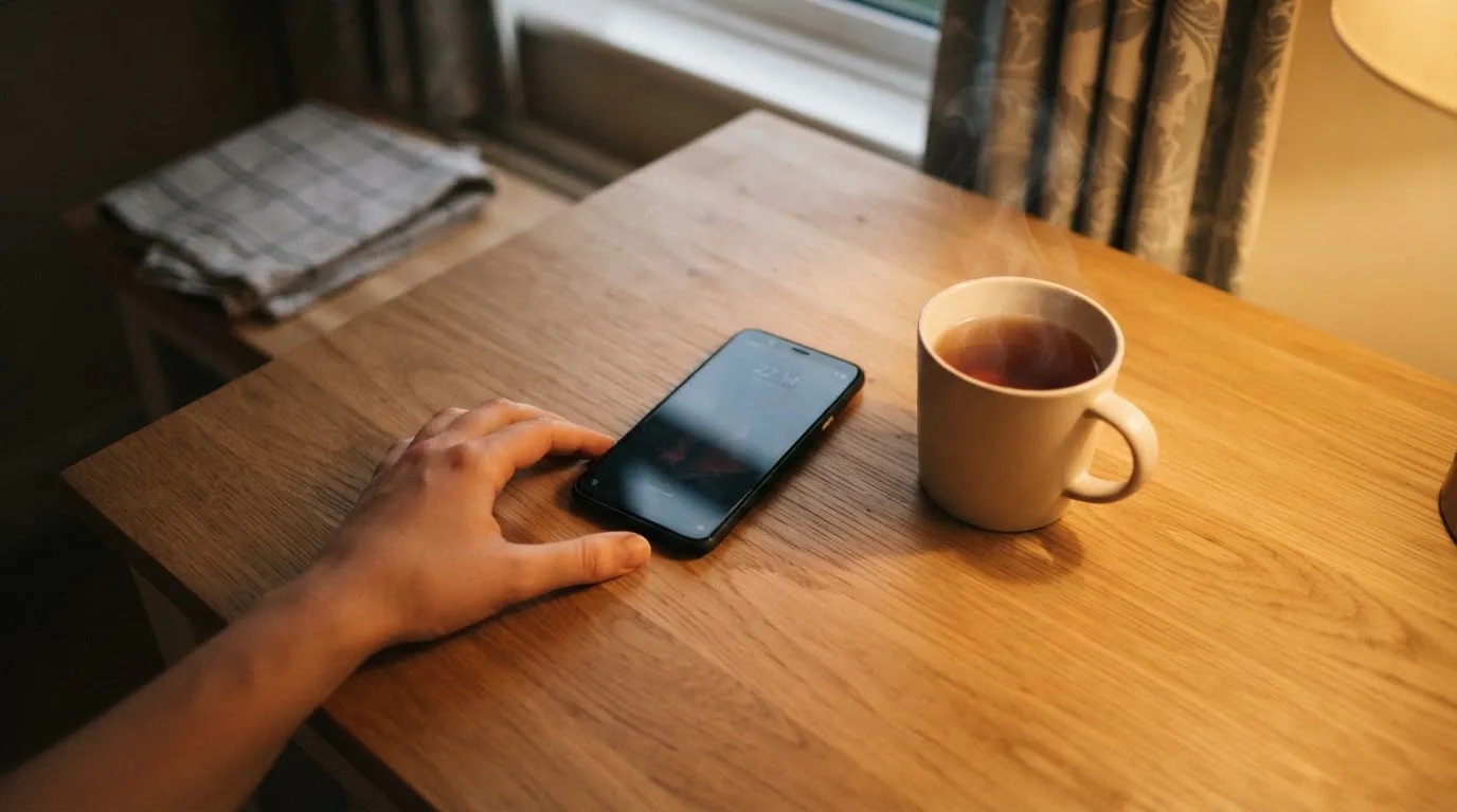 A hand setting a smartphone down beside a cup of tea on a kitchen table on a quiet evening