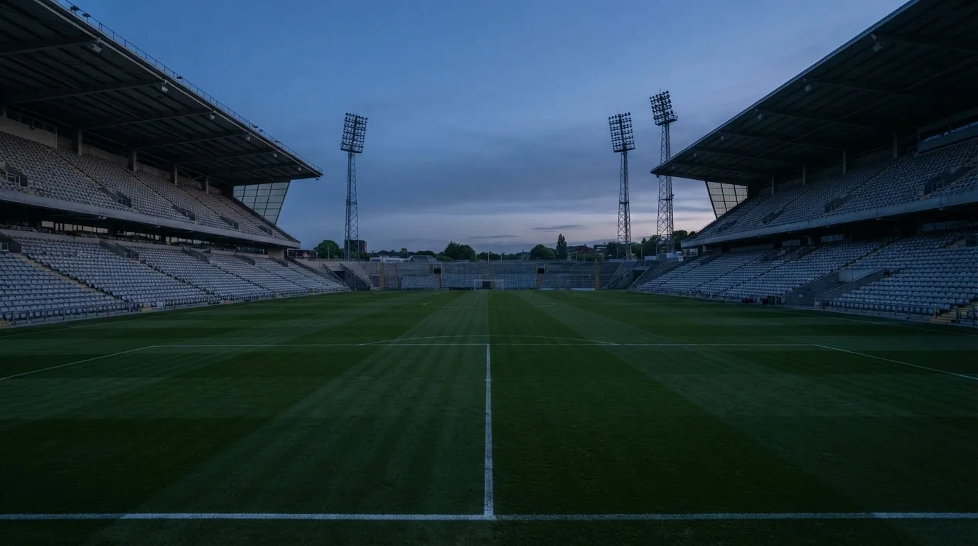 An empty football stadium with floodlight masts at dusk