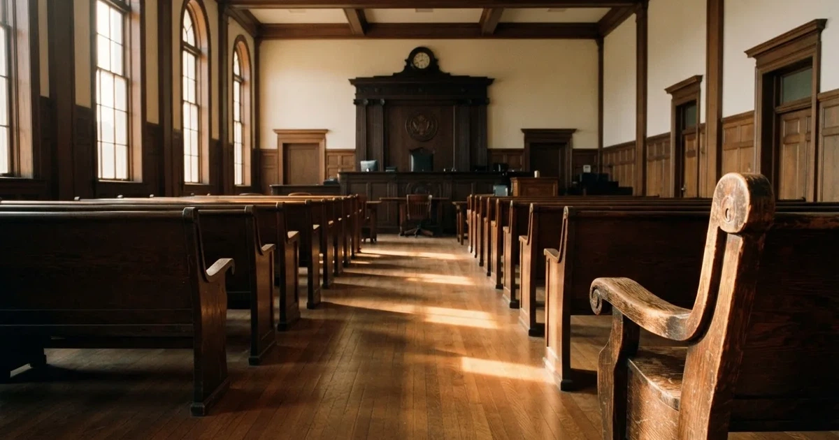 An empty courtroom with wooden benches in morning light