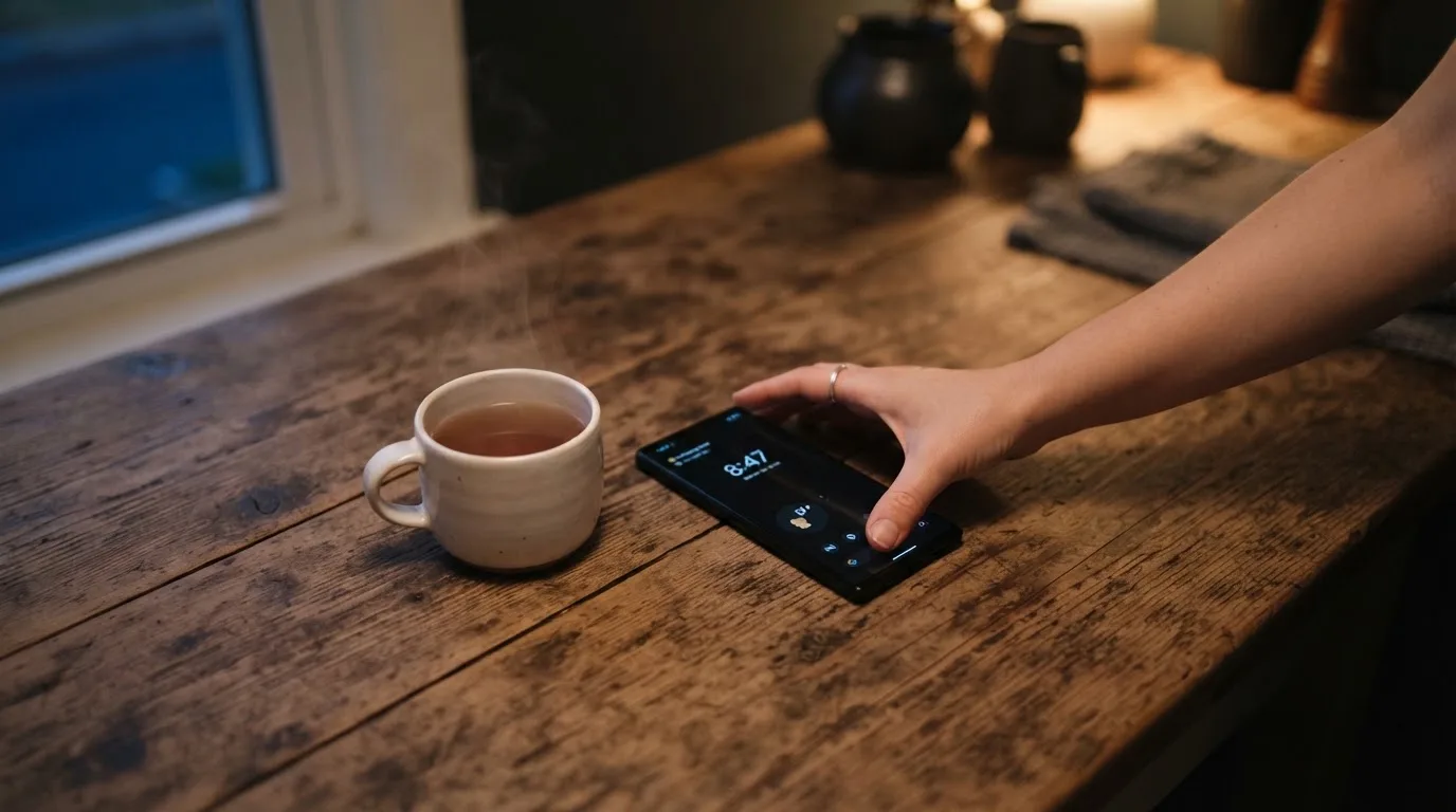 A hand setting a smartphone down beside a cup of tea on a kitchen table on a quiet evening